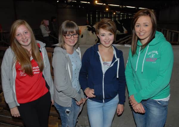 Emily Booth, Jess Starrett, Jocelyn Rainey and Ellen cross taking part in the Gleno YFC stockjudging. INLT 33-302-PR