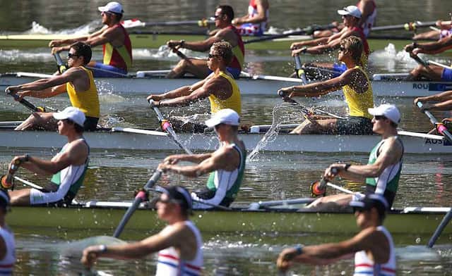 Australia's James Medway (b), Aaron Wright, Louis Snelson and Timothy Masters (s) during the start of their heat in the under 23 men's four at the 2013 World Rowing Under 23 Championships in Linz-Ottensheim, Austria.