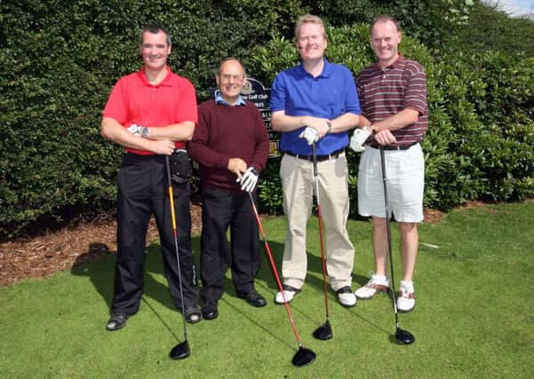 Kieran Martin, Eugene O'Dornan, Eugene Reid and Gerard Rafferty about to tee of at Ballymena Golf Club. INBT34-243AC