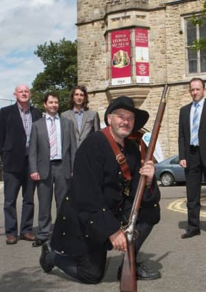 From left, Billy Moore of the Apprentice Boys of Derry, Mel Higgins, Ilex, Paul McNaught, DSD and James McIlvar, Strategic Investment Board, pictured outside the Apprentice Boys of Derry Memorial Hall with William Stewart from the Crimson Players Drama Group.