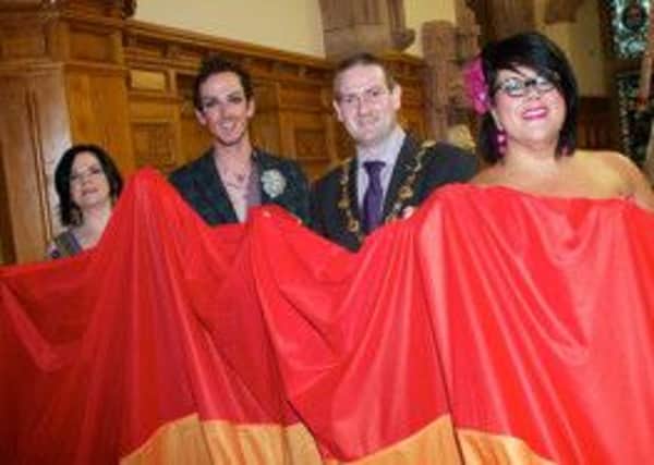 Mayor Martin Reilly at the launch of Foyle Pride 2013, in the Guildhall with Mel Bradley, Joe Carlin Foyle Pride Chairperson, and Amy Lame performer and entertainer pictured in the Guildhall.