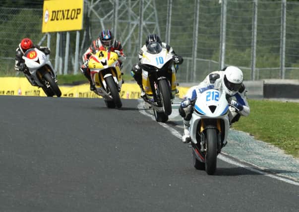 Cullybackey's Dean McMaster leads Antrim rider Jamie Patterson, Conor Parkhill and Robert English. Picture: Roy Adams.