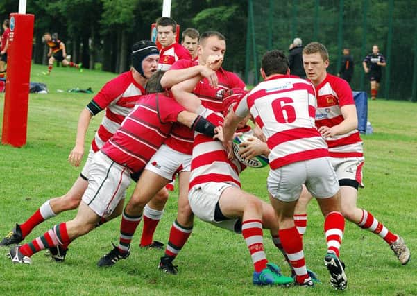 Randalstown RFC try to drive the ball forward but Larne pile in to stop the advance.