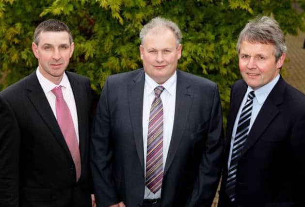 Harry Sinclair (centre), the new UFU president, with deputy presidents Ian Marshal and Barclay Bell at the Ulster Farmers' Union annual meeting, Greenmount. Picture: Cliff Donaldson