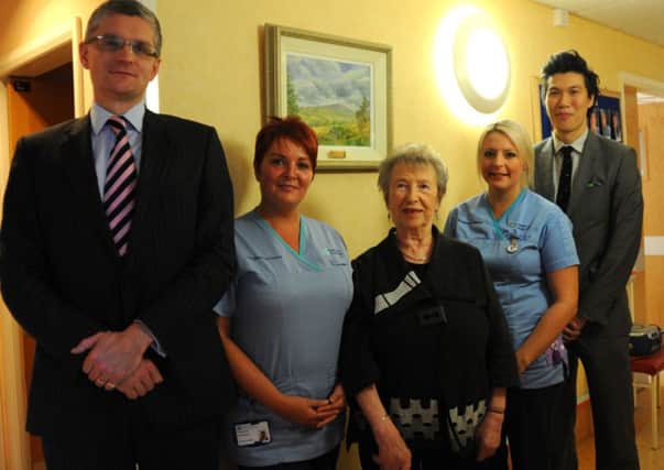 Pictured is  Joan Crossan with Dr Armstrong, Consultant Rheumatologist, Bronagh Grant, Western Trust Staff Nurse, Jayne Peoples, Western Trust Staff Nurse and Dr Yau, Consultant Rheumatologist at Altnagelvin Hospital.