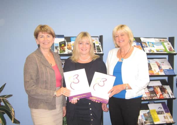 Mrs Brenda Hale MLA is photographed alongside Cruse Director Anne Townsend (left ) and Cruse Co-ordinator Elaine Roub (right).