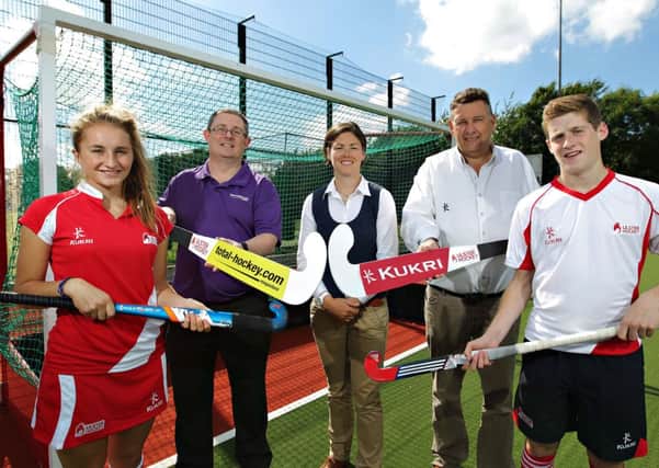 Hockey players Pippa Best and Michael Robson are joined by Total Hockey's Alan McMurray and Kukri's Terry Jackson. Angela Platt of Ulster Hockey is also present.