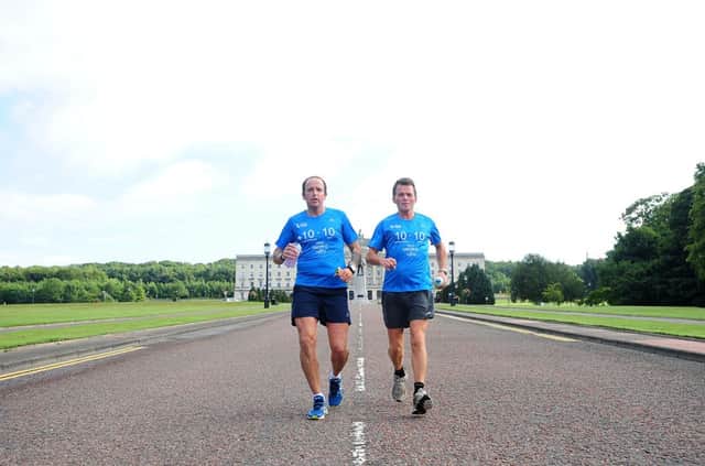 Pacemaker Press Belfast 16-08-2013: Peter Ferris and Harold Reilly pictured running 10 Marathons in 10 days in support of Cancer Focus Northern Ireland.
Picture By: Arthur Allison.