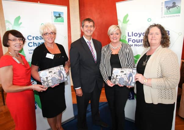 Attending the event were: (left to right) Noreen Kavanagh and Lorraine Foster (Lisburn Special Olympics Club), Health Minister Edwin Poots, Sandara Kelso-Robb, Executive Director of the Lloyds TSB Foundation for Northern Ireland and Margaret Ellis, Banbridge CAB.