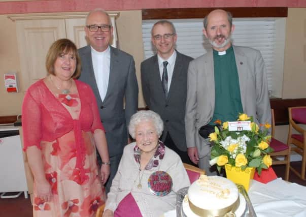 Susan Johnston with Rev Colin McClure from First Larne Presyterian Church, Clerk of Sessions Kenneth McKinley, Moderator Very Rev Dr Rob Craig and Mrs Karen Craig. INLT 37-303-PR