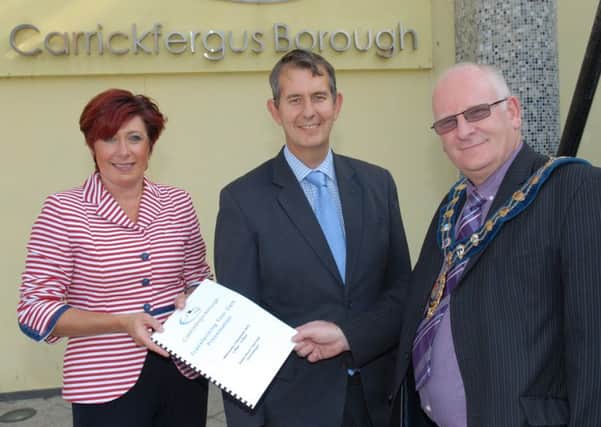 Health Minister Edwin Poots with Carrickfergus Borough Council Chief Executive Sheila McClelland and Mayor Billy Ashe. INCT 37-314-PR