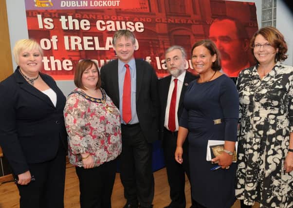 The special guests at the Remembering the 1913 Dublin Lockout Discussion and Debate held in the Bridewell, Magherafelt were - Maureen Hughes, chairperson of the Co. Derry Centenaries group,, who organised the event, Basil McCrea MLA, Catherine Elattar, chairperson of Magherafelt Council, Jack O'Connor president STIPU, Mary Lou McDonald SF Vice president and Susan McKay, journalist and writer, who acted as chairperson for the evening. INMM3813-129ar.