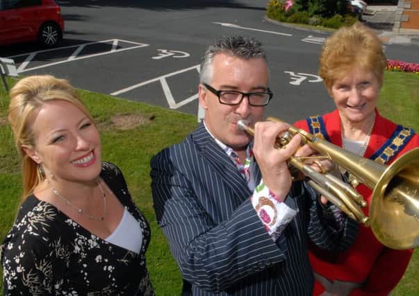 Linley Hamilton, jazz muscian and BBC radio presnter along with Banbridge District Council chairman Olive Mercer and Nicola Armstrong, arts and events officer INBL3713-ARTS1