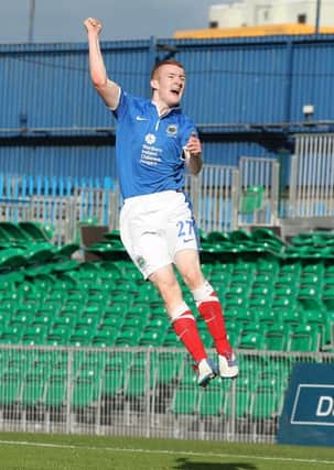 Kells teenager Rodney Brown celebrates scoring against   Ballymena United on Saturday. Picture: Press Eye,