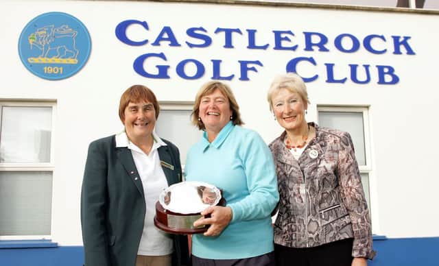 Irish Senior Womens Open Strokeplay at Castlerock Golf Club.
Winner Gertie McMullen (The Island) with Dympna Conlon (ILGU) and Castlerock Lady Captain Diane Stuart.