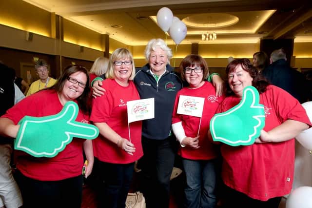 Dame Mary Peters, Patron 2013 World Police and Fire Games thanks Games volunteers from Newtownabbey, Carolyn Gaston, Pauline Moore, Isobel Davidson and Kathy Wolff. INNT 38-450-CON
