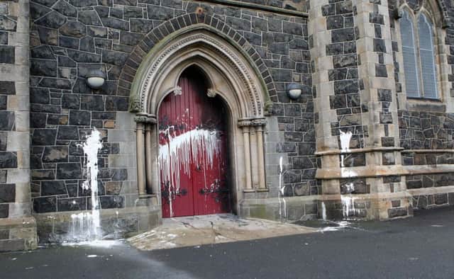 White paint was splashed across a doorway at St Mary's Star of the Sea Church during the weekend attack.