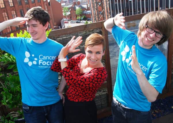 TV weather presenter Cecilia Daly made a star appearance in a care in the sun video created by Gareth Pitman (L) and Michael Hart, media students at Northern Regional College. INNT 39-501-CON