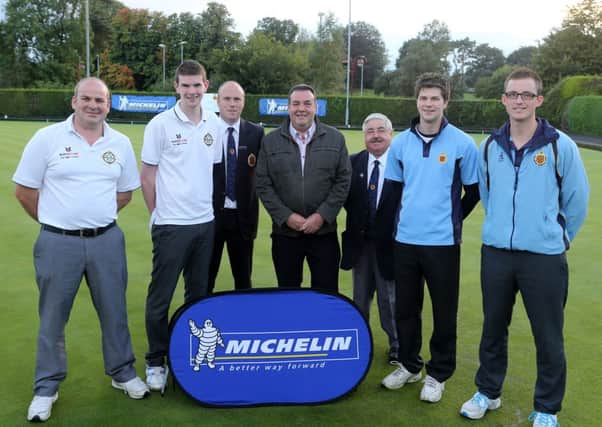 The finalists in the Ballymena Bowling Club Michelin Floodlit Pairs Mervyn McKeeman (left) and Arron Tennant of Ballymoney Bowling Club who played Andy (right) and David Duncan of Ballymena Bowling Club are seen here with club president Nigel Robinson, secretary Joe Mckeown and Ivan Lynn (centre) of Michelin. INBT 39-170CS