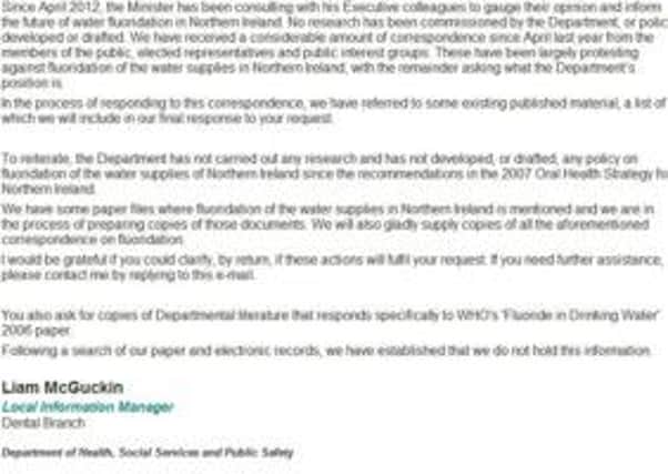 DHSSPS response to Sentinel request for its repsonse to WHO report that warned of negative impact of fluoridation.
