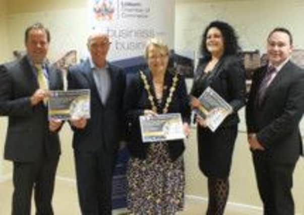 Lady Mayor, Cllr Margaret Tolerton joined with John Daly and Chamber President, Belinda ONeill to launch the Chambers Annual Dinner.   Included are sponsor representatives, David Mackey, Bank of Ireland and Stephen Houston, Hanna Thompson Chartered Accountants.
