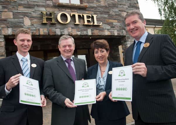 Excellent customer reviews have ranked all three hotels in the McKeever Hotel Group in the top 10% of the worlds hotels. The company was presented with the TripAdvisor Certificate of Excellence this week. Pictured are Martin Toner, Corrs Corner Hotel; Eugene McKeever, Managing Director; Stella Grant, Adair Arms Hotel; Martin Boon, Dunsilly Hotel.