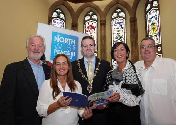 Pictured at the NW Peace III Partnership Showcase Event at The Guildhall are (L-R):  Darach Macdonald (guest speaker); Eibhlin Ni Dochartaigh, The Fleadh; Mayor Cllr Martin Reilly;Brenda Stevenson, Joint Committee Chair, NW Peace III Partnership and
Kenny McFarland, Londonderry Bands Forum Cllr