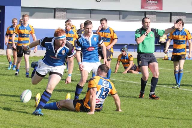 Bernard Mullan touches down for Coleraine's fisrt try aganist Bangor on Saturday.PICTURE MARK JAMIESON.