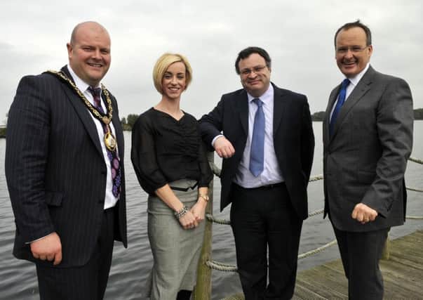 At the Celebtation of World Tourism Day and presentation of Worldhost Training Accreditation are, Mayor of Craigavon, Cllr Mark Baxter, Eimear Kearney, Lough Neagh Partnership, Dr Stephen Farry, Employment and Learning minister and Howard Hastings, NITB chair. INLM40-119gc