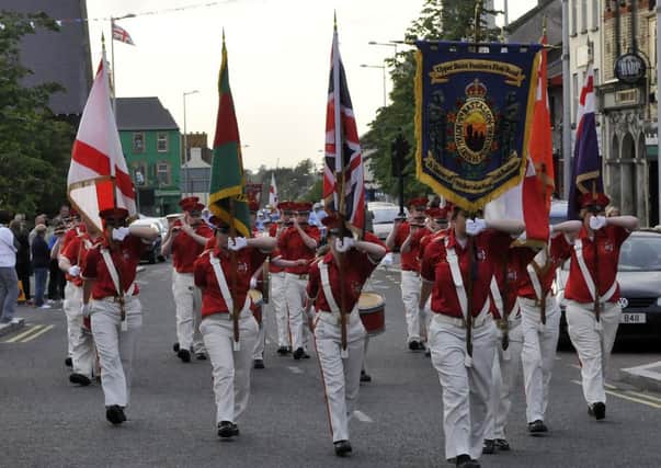 The Upper Bann Fusiliers Flute Band colour party at the Somme Parade. INLM27-125gc