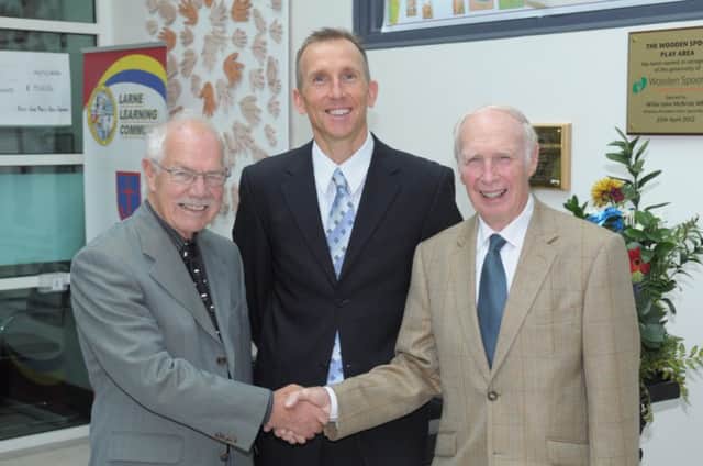 Stepping down from the Roddensvale School Board of Governors are former Chairman and a member of the founding board Austin Heatley and the  Chairman of the Board of Governors Dr Herbie Baird. With them is school Principal John Madden. INLT 40-328-PR