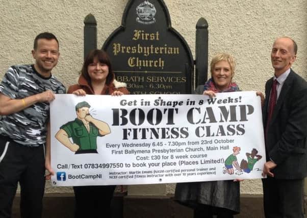 An eight-week fitness boot camp is being held in First Ballymena Presbyterian Church main hall  between 6.45-7.30pm to raise vital funds for the refurbishment of the gym within the Hope Centre, Ballymena.  Pictured launching ghe camp are  L-R, Martin Emans (Fitness Trainer), Jenny Dougan (keen participant), Anne Henry (Centre Manager) and Rev William Sinclair (Minister).