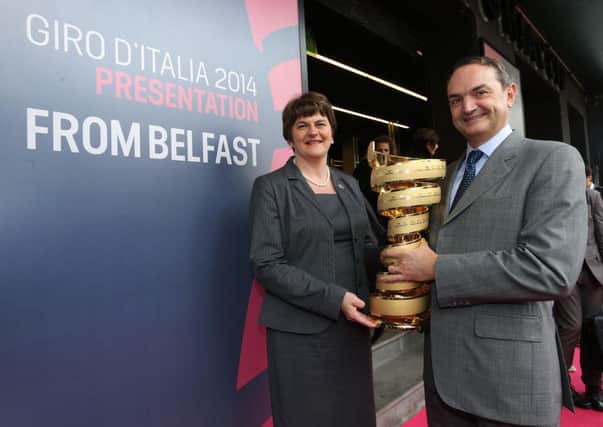 Northern Ireland Tourism Minister Arlene Foster pictured with Riccardo Taranto, CEO of RCS Sport, at the launch of the Giro D'Italia in Milan. Picture: Press Eye.