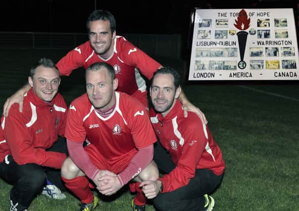 Crewe United's Scott Bingham, Eamon Cregan, Paul Ewart, and Thomas McKenna ahead of a charity match in aid of The Torch of Hope US3513-402PM Pic by Paul Murphy