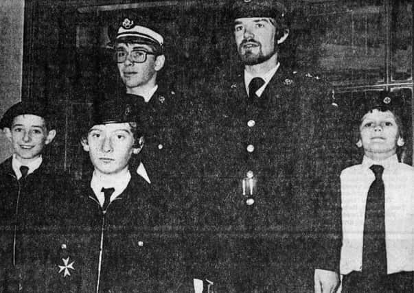 1982 - At the Ballymena St. John Ambulance annual inspection are: (from left) William Lorimer, Alaster Drummond, Gerald Vance (cadet leader), Francis Peacock (divisional superintendent) and Gordon Adger. INBT40-754F