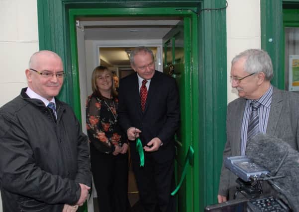 Moyle councillor, Margaret Anne McKillop, has resigned from Sinn Fein. Here, she is previously pictured at the opening of a new party constituency office in Carnlough where she was standing beside senior Sinn Fein member and Deputy First Minister Martin McGuinness. Also included are (left) Ballymena  Sinn Fein councillor Paul Maguire and East Antrim Sinn Fein MLA Oliver McMullan.