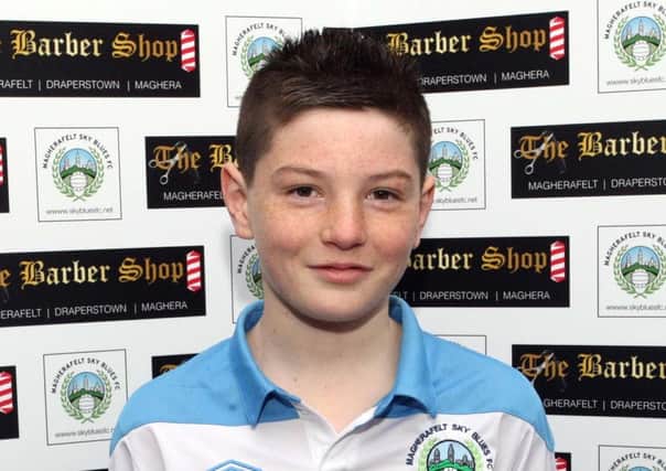 Magherafelt Sky Blues U14 player, Michael Stewart, who scored and starred in his teams 8-0 win over Portadown. See report in side column