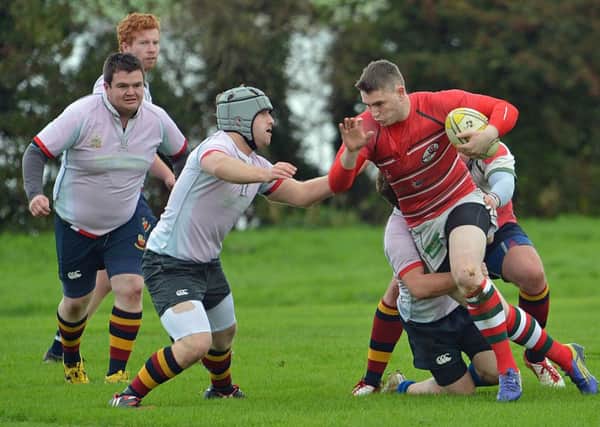 Johnny Hall about to score Larne RFC II's first try against Banbridge RFC III in their game at Glynn. INLT 42-016-PSB