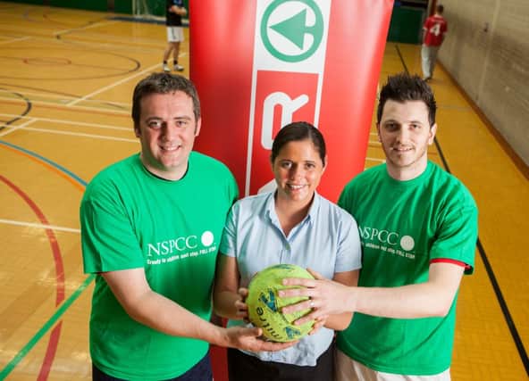 Celebrating a great day of competition in aid of the NSPCCs ChildLine Schools Service are Alan Troy, SPAR Castle Street, Denise Brewster, duty officer at the Joey Dunlop Leisure Centre, and Robin Smith SPAR Castlerock Road.