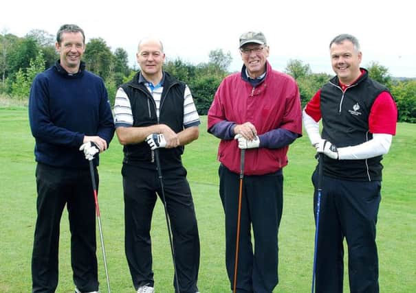 Dougie Thom, Alastair Murray, Leslie Hughes and Tony Carroll on the first tee at Galgorm Castle Golf Club. INBT 42-872H
