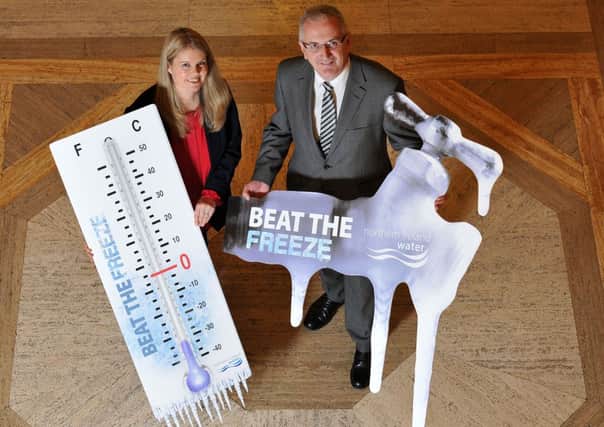 Danny Kennedy MLA and Sara Venning highlight NI Water's 'Beat the Freeze' message. Picture: Michael Cooper
