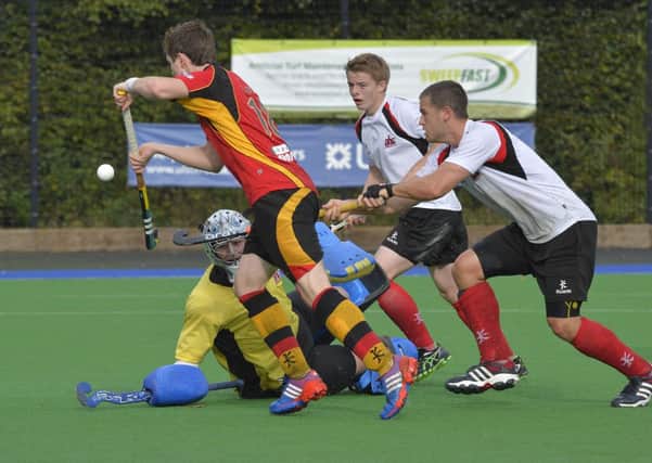 Owen Magee scoring for Banbridge in the Kirk Cup Semi-Final. Pic by Rowland White/Presseye