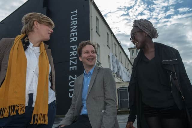 Turner Prize winner Laure Prouvost, with David Shrigley and Lynette Yiadom-Boakye whose work is on display at Ebrington in Londonderry.