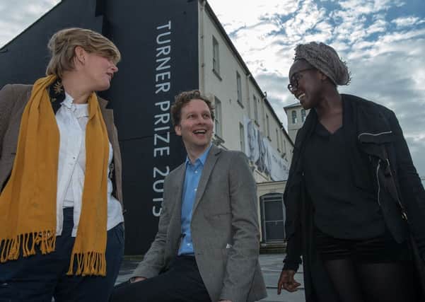 Turner Prize winner Laure Prouvost, with David Shrigley and Lynette Yiadom-Boakye whose work is on display at Ebrington in Londonderry.
