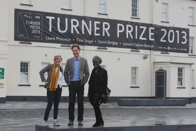 Turner Prize nominees Laure Prouvost, David Shrigley and Lynette Yiadom-Boakye enjoying a break in Derry yesterday.  (DER4313JB0810))