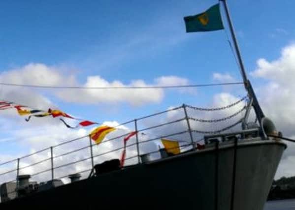 The Republic of Ireland's Naval Jack flies from the bow of the Offshore Patrol Vessel, the L.É Aisling in Londonderry on Tuesday (October 22).
No White Ensign once again.