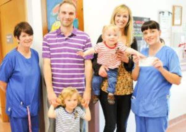 Freddie McIlmoyle celebrated his first birthday on July 25 2013 and as a means of thank you to the Western Health and Social Care Trusts (Western Trust) Neonatal Unit in Altnagelvin Hospital, his parents Kerrie and Warren decided to donate £400 which Freddie received for this birthday. Pictured below from left to right is; Sister Bridie Devlin, Western Trust; Warren McIlmoyle; Lewis McIlmoyle; Freddie and Kerrie McIlmoyle and Nicole Martin, Staff Nurse, Western Trust.