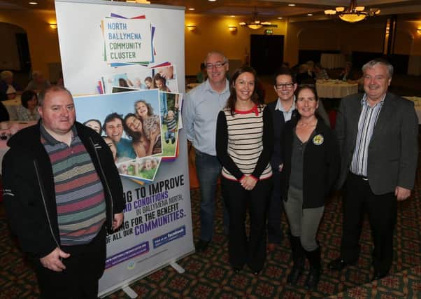 Pictured at last week's launch of the North Ballymena Community Cluster in the Leighinmohr Hotel were, L-R, Sam Logan (Rectory Residents), Kevin McCrudden (Dunclug Partnership), Emma McKeown (North Ballymena Community Trust), Denise Reynolds (Ballymena Borough Council), Jan Roscoe (Doury Road Residents), Colm Best (Dunclug Partnership). Afterwards embers of the various groups took part in a table quiz before having lunch. INBT 42-100JC