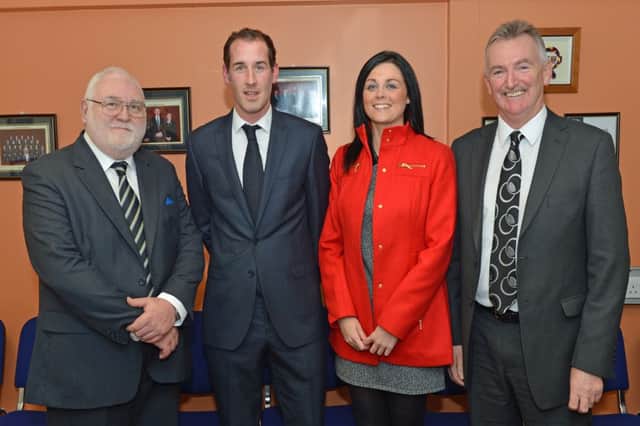 Pictured at the Larne High School prizegiving evening are special guest Gary Haveron (2nd left) Sports Development Officer at the Cliff and Manager of Carrick Rangers FC with girlfriend Lisa Mulvenna and William Mc Neill,Chairman of the Board of Governors and School Principal Mr John Armstrong. INLT 43-009-PSB