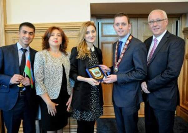 Members of the Azerbaijan State Committee for Family, Women and Children Affairs, Farid Adilov; Raida Amirbayova and Jamila Baghirova pictured at the Guildhall, Londonderry with Derrry City Council Deputy Mayor, Gary Middleton and Pat Armstrong Western Trust Head of Services, Adoption, Fostering, Family Support and Early Years.